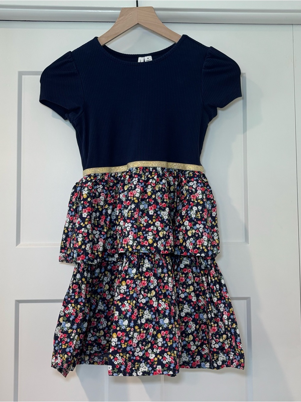 Janie and Jack Navy Dress with Gold Waist and Multicolor Floral Skirt